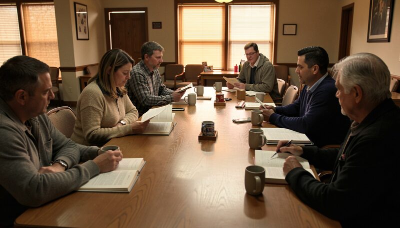 Six adults with open books and coffee mugs gathered around a long table in a church meeting room under warm evening light.