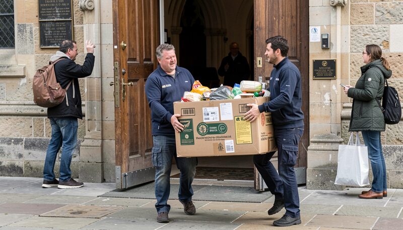 Two volunteers carrying a heavy box of groceries toward an open side door where a visitor waits with a shopping bag.