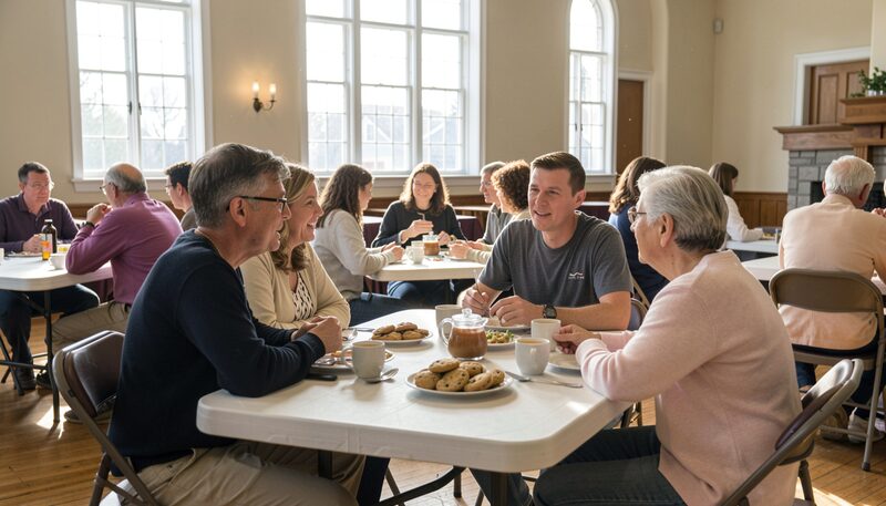 Families talking over coffee and cookies at folding tables in a bright church fellowship hall after a Sunday service.
