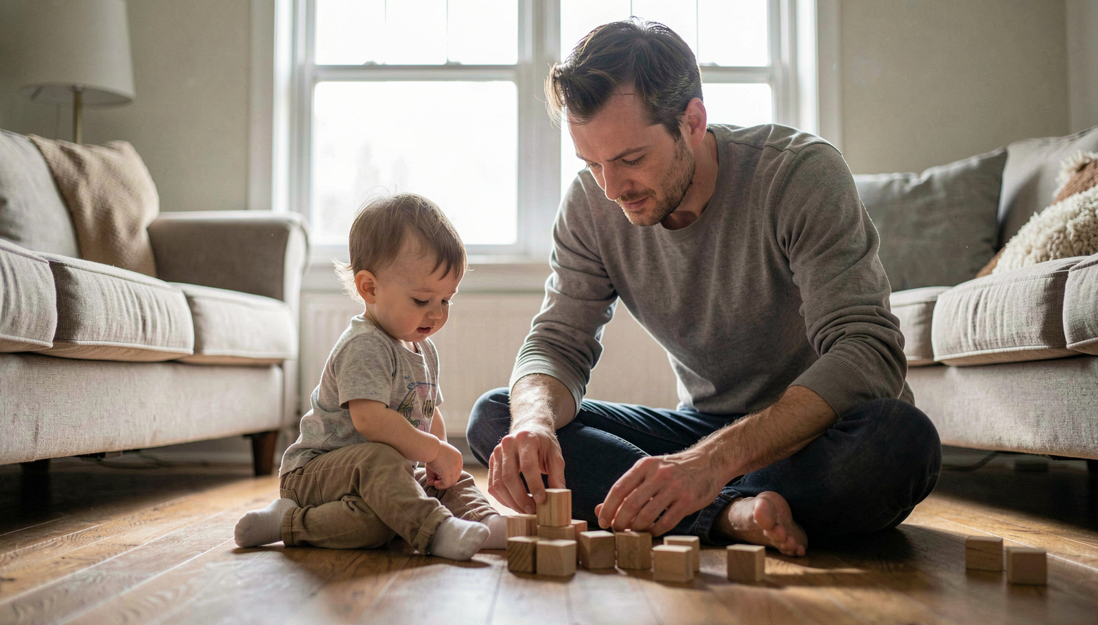 A father in his thirties sits on a living room floor with a toddler, wooden blocks scattered between them, morning light coming through a window behind them, medium shot from a low angle.'s trowel left on the wooden edge, photographed from the shade of the building.