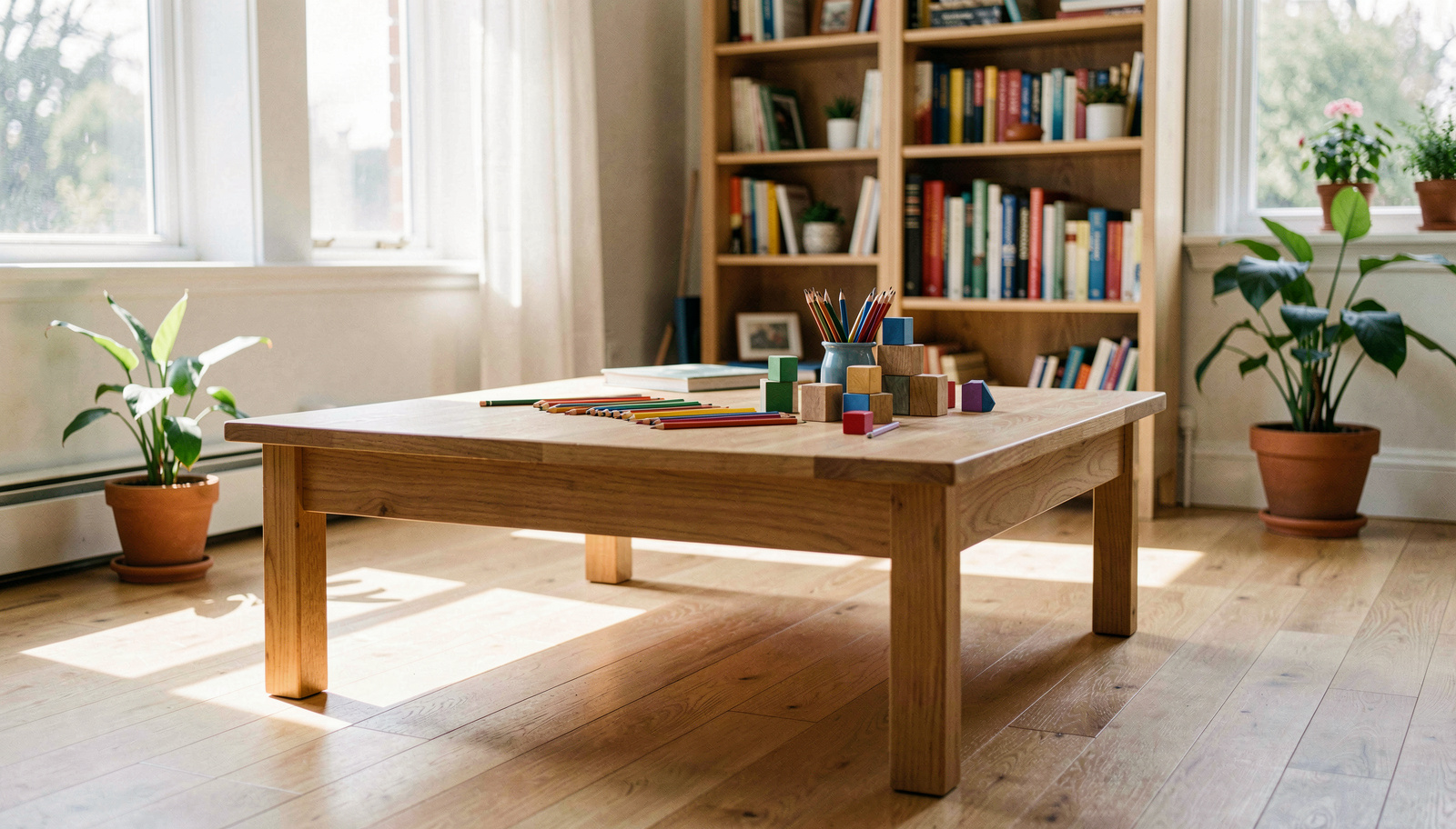 A low wooden coffee table in a bright living room, colored pencils and building blocks arranged on top, two windows casting daylight across the floor, a bookshelf and potted plants behind, no people in frame, wide shot.'s trowel left on the wooden edge, photographed from the shade of the building.