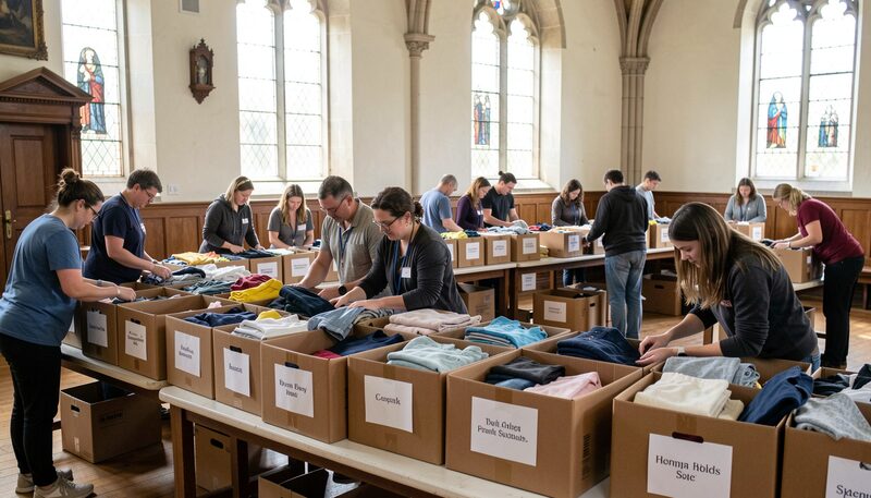 Volunteers arranging folded clothes into labelled cardboard boxes on long tables in a church hall.