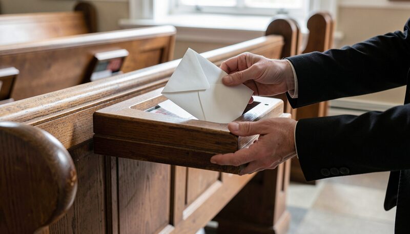 Hands placing a filled giving envelope into a wooden offering plate held at the end of a pew.